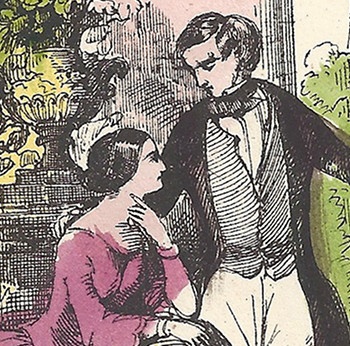 Romantic couple in garden wood engraving (closeup)